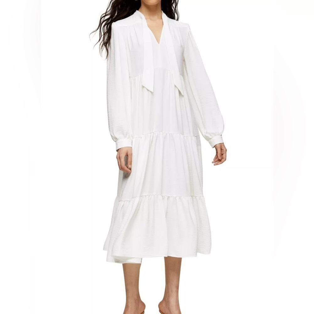 Topshop White Neck Tie Tiered Oversized Midi Dress Size 4